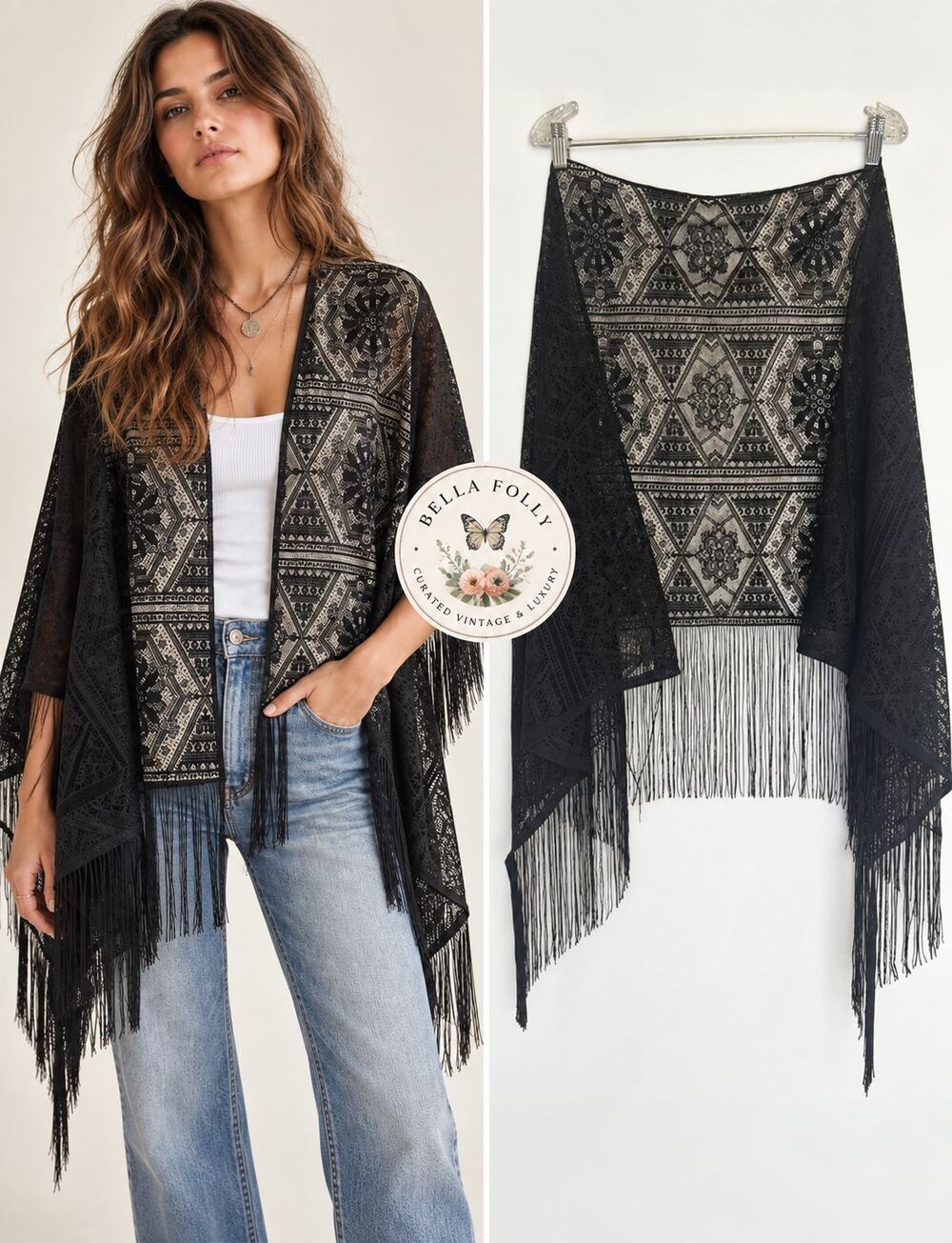 Vintage Black Lace Fringe Shawl Wrap Romantic Boho OBX Righteous Gemstones Sale